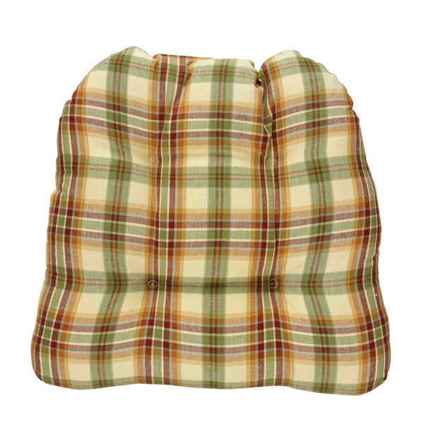 Lemon Pepper Chairpad Featuring a plaid pattern in shades of cream, golden yellow, olive green and rustic red. 