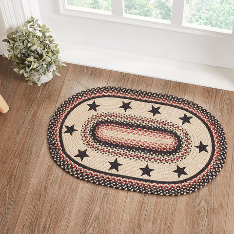 Colonial Star Jute Rug Oval w/ Pad 20x30, woven jute braids in colors Natural, Country Black, Bright Red finished with applique stars. Visit website for FREE s/h & discount offers.