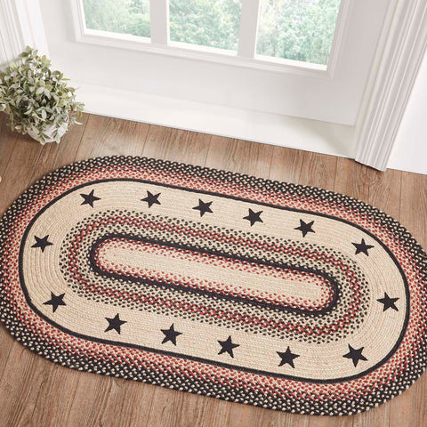 Colonial Star Jute Rug Oval w/ Pad 27x48, in woven jute braids of Natural, Country Black, Bright Red. Visit website for FREE s/h & discount offers. Primitive Country Farmhouse Home Decor.