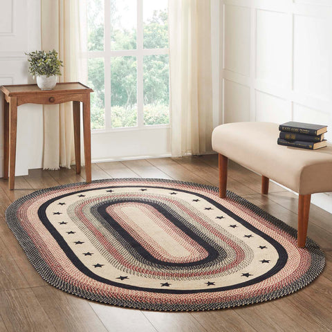 Colonial Star Jute Rug Oval w/ Pad 60x96, woven braids of Natural, Country Black, Bright Red with applique black stars. Visit website for FREE s/h & discount offers. Primitive Country Farmhouse Home Decor.