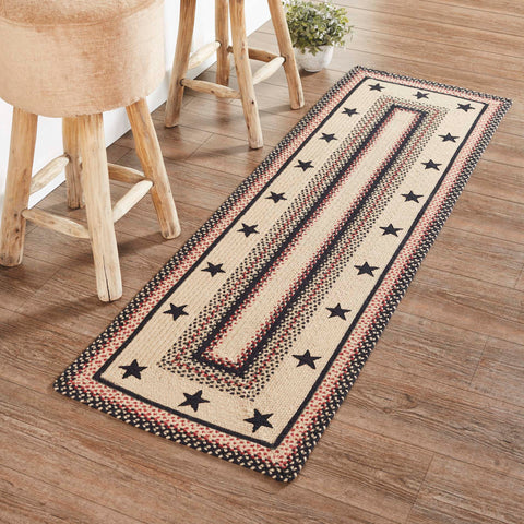 Colonial Star Jute Rug/Runner Rect w/ Pad 22x72, featuring woven braids of Natural, Country Black, Bright Red finished with black applique stars. Visit website for FREE s/h & discount offers. Primitive Country Farmhouse Home Decor.