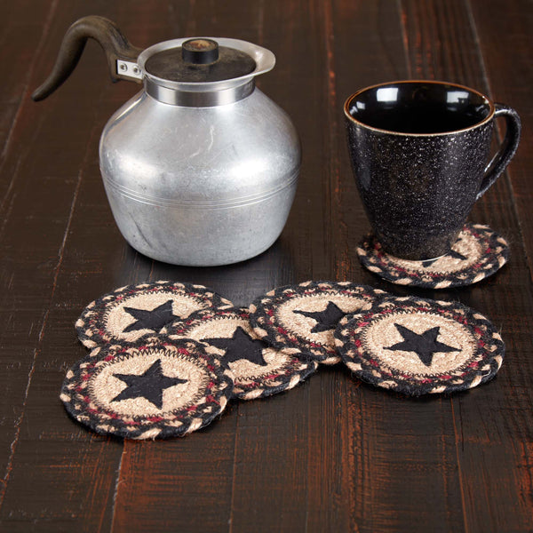 Colonial Star Jute Round Coasters. Set of 6 farmhouse coasters with the woven braided jute wool blend fabrics in natural, country black, and bright red displayed in concentric circles surrounding a prominent Colonial Star applique. Visit website for FREE s/h & discount offers. Primitive Country Farmhouse Home Decor.