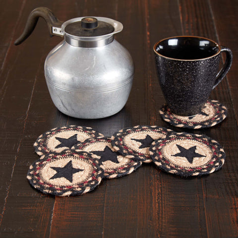 Colonial Star Jute Round Coasters. Set of 6 farmhouse coasters with the woven braided jute wool blend fabrics in natural, country black, and bright red displayed in concentric circles surrounding a prominent Colonial Star applique. Visit website for FREE s/h & discount offers. Primitive Country Farmhouse Home Decor.