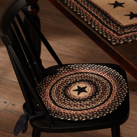 With the Colonial Star Jute Round Chair Pad, woven braids of natural, country black, and bright red braids surrounding a prominent Colonial Star applique. Visit website for FREE s/h & discount offers. Primitive Country Farmhouse Home Decor.