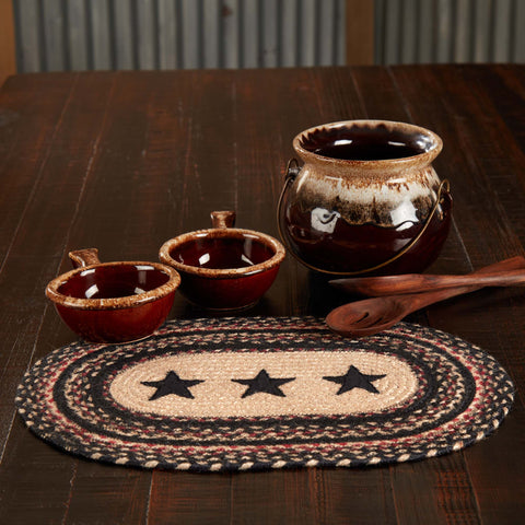 Colonial Star Jute Oval Placemat, 12x18 inch rustic table placemat with woven braided jute wool blend fabrics in natural, country black, and bright red displayed in concentric ovals and features a Colonial Star applique motif. Visit website for FREE s/h & discount offers. Primitive Country Farmhouse Home Decor.
