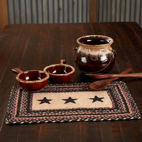 Colonial Star Jute Rectangle Placemat. This 12x18 inch rustic table placemat comes to life with the woven braided jute wool blend fabrics in natural, country black, and bright red. Visit website for FREE s/h & discount offers. Primitive Country Farmhouse Home Decor.