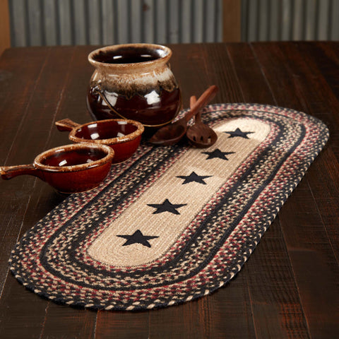 Colonial Star Jute Oval Runner. This 13x36 inch rustic table braided jute wool blend fabrics in natural, country black, and bright red displayed in concentric ovals and features a Colonial Star applique motif. Visit website for FREE s/h & discount offers. Primitive Country Farmhouse Home Decor.