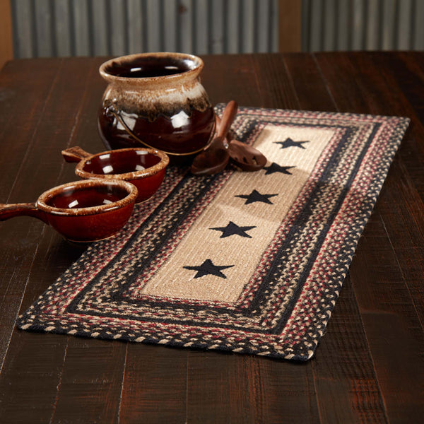 Colonial Star Jute Rectangle Runner 13x36, rustic table runner comes to life with the braided juteabrics in natural, country black, and bright red displayed in concentric rectangles and features a Colonial Star applique motif. Visit website for FREE s/h & discount offers. Primitive Country Farmhouse Home Decor.