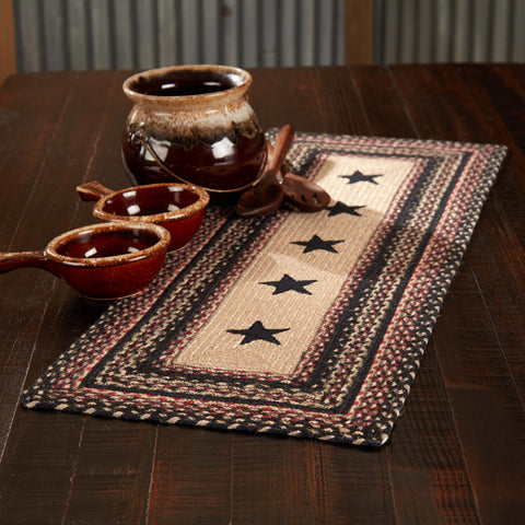 Colonial Star Jute Rectangle Runner 13x36, rustic table runner comes to life with the braided juteabrics in natural, country black, and bright red displayed in concentric rectangles and features a Colonial Star applique motif. Visit website for FREE s/h & discount offers. Primitive Country Farmhouse Home Decor.