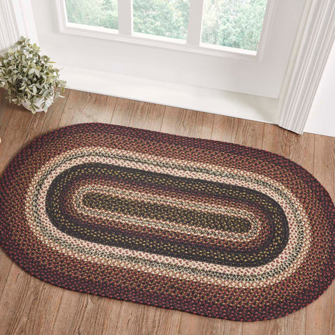 Beckham Jute Rug Oval w/ Pad 27x48 in colors of Brick Red, Country Black, Dark Tan. Visit website for FREE s/h & discount offers. Primitive Country Farmhouse Home Decor.