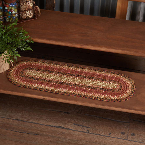 Ginger Spice Jute Stair Tread Oval Latex 8.5x27, mixture of warm red, orange, and tan hues offers just the right complement to any room. Visit website for FREE s/h & discount offers. Primitive Country Farmhouse Home Decor.