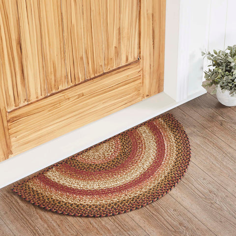 Ginger Spice Jute Rug Half Circle w/ Pad 16.5x33, features a primitive farmhouse style featuring terracotta, burgundy and dark tan that is an understated complement to any home. Visit website for FREE s/h & discount offers. Primitive Country Farmhouse Home Decor.