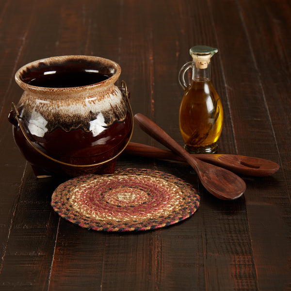 Ginger Spice Jute Trivet 8, with the woven braided jute wool blend fabrics in terracotta, burgundy, dark tan, and antique white displayed in concentric circles. Visit website for FREE s/h & discount offers. Primitive Country Farmhouse Home Decor.
