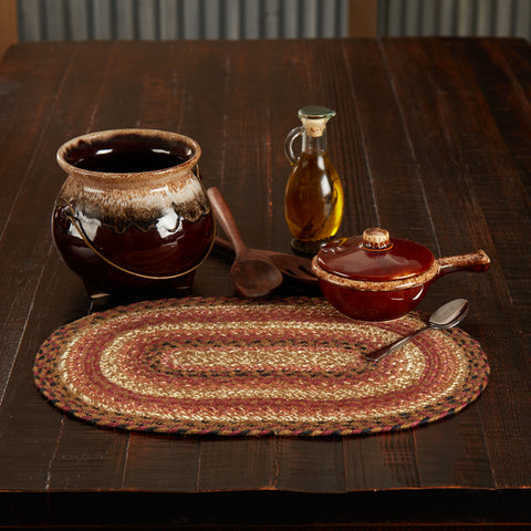 Ginger Spice Jute Oval Placemat 12x18 with the woven braided jute wool blend fabrics in terracotta, burgundy, dark tan, and antique white displayed in concentric ovals. Visit website for FREE s/h & discount offers. Primitive Country Farmhouse Home Decor.