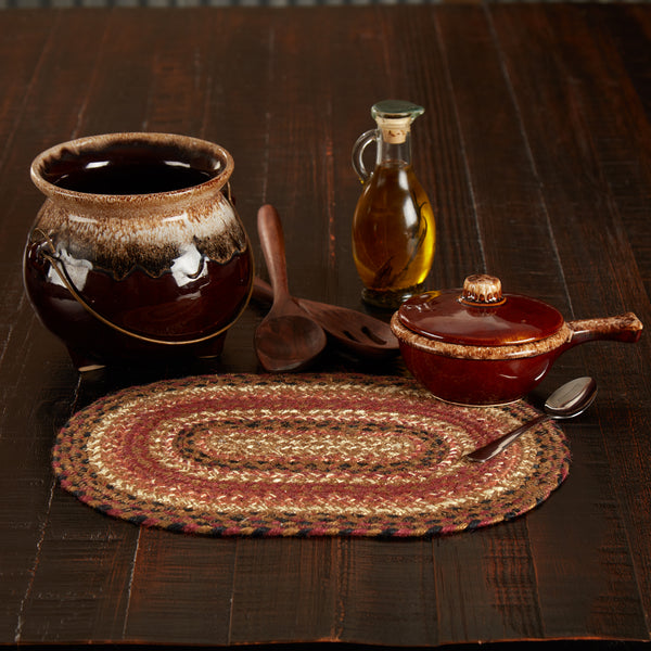 Ginger Spice Jute Oval Placemat 10x15 with the woven braided jute wool blend fabrics in terracotta, burgundy, dark tan, and antique white displayed in concentric ovals. Visit website for FREE s/h & discount offers. Primitive Country Farmhouse Home Decor.