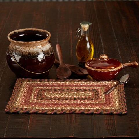 Ginger Spice Jute Rectangle Placemat 10x15 with the woven braided jute wool blend fabrics in terracotta, burgundy, dark tan, and antique white displayed in concentric rectangles. Visit website for FREE s/h & discount offers. Primitive Country Farmhouse Home Decor.