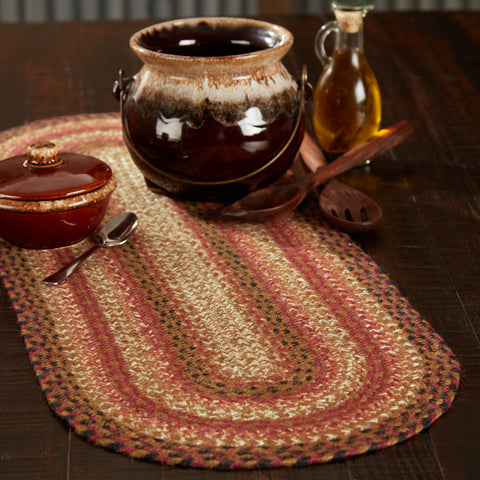 Ginger Spice Jute Oval Runner 13x36with the braided jute wool blend fabrics in terracotta, burgundy, dark tan, and antique white displayed in concentric ovals. Visit website for FREE s/h & discount offers. Primitive Country Farmhouse Home Decor.