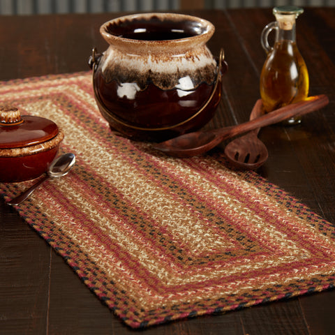 Ginger Spice Jute Rectangle Runner 13x36 with the braided jute wool blend fabrics in terracotta, burgundy, dark tan, and antique white displayed in concentric rectangles. Visit website for FREE s/h & discount offers. Primitive Country Farmhouse Home Decor.