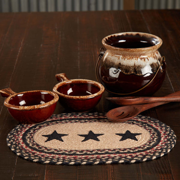  Colonial Star Jute Oval Placemat. This 10x15, woven braided jute wool blend fabrics in natural, country black, and bright red displayed in concentric ovals and features a Colonial Star applique motif.  Visit website for FREE s/h & discount offers. Primitive Country Farmhouse Home Decor.