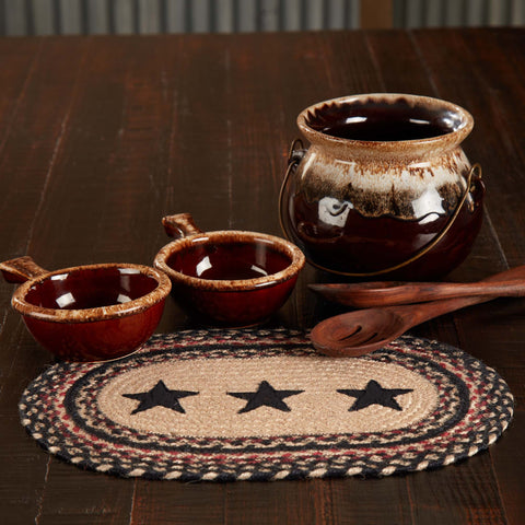  Colonial Star Jute Oval Placemat. This 10x15, woven braided jute wool blend fabrics in natural, country black, and bright red displayed in concentric ovals and features a Colonial Star applique motif.  Visit website for FREE s/h & discount offers. Primitive Country Farmhouse Home Decor.