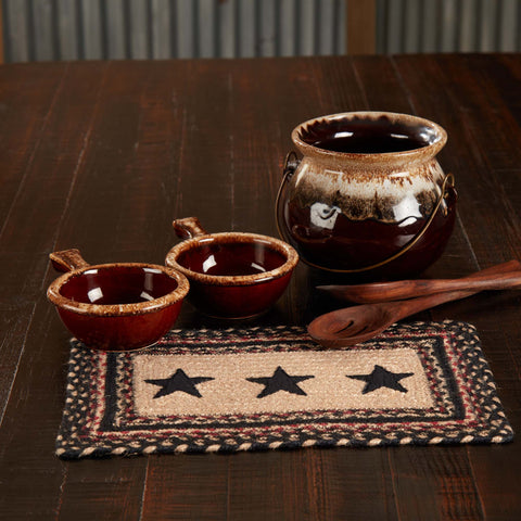 Colonial Star Jute Rectangle Placemat. This 10x15 inch rustic table placemat comes to life with the woven braided jute wool blend fabrics in natural, country black, and bright red displayed in concentric rectangles and features a Colonial Star applique motif. Visit website for FREE s/h & discount offers.