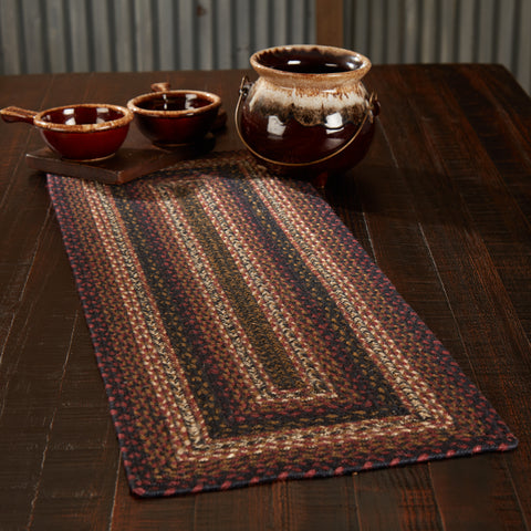 Beckham Jute Rect Placemat 10x15, braided fabrics in brick red, dark tan, and country black and white displayed in concentric rectangles. Visit website for FREE s/h & discount offers. Primitive Country Farmhouse Home Decor.
