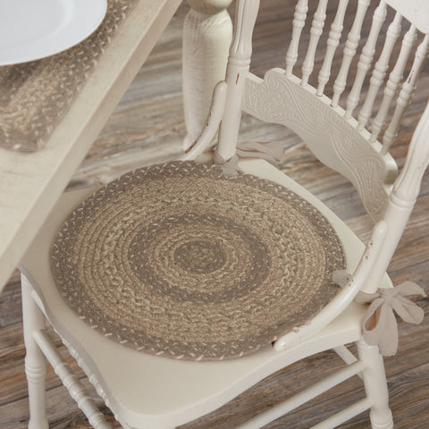 Cobblestone Jute Round Chair Pad, in woven braids of khaki, grey taupe, and creme braids for a long-lasting chair cover. Visit website for FREE s/h & discounts. Primitive Country Farmhouse Home Decor.