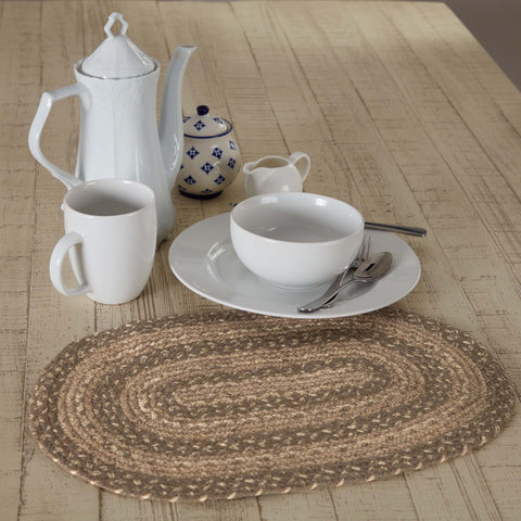 Cobblestone Jute Oval Placemat 12x18  https://allysonsplace.com/products/cobblestone-jute-oval-placemat-12x18  12x18 inch woven braided jute wool blend fabrics in khaki, grey taupe, and creme Jute/Wool Blend Colors: Khaki, Grey Taupe, Creme. Visit website for FREE s/h & discount offers. Primitive Country Farmhouse Home Decor.