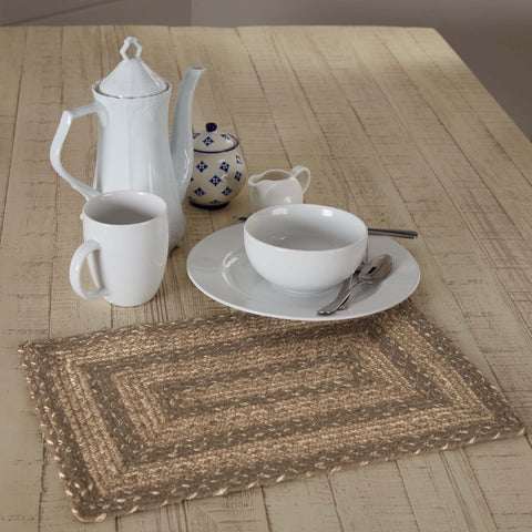 Cobblestone Jute Rect Placemat 12x18  https://allysonsplace.com/products/cobblestone-jute-rect-placemat-12x18  Jute Rectangle Placemat. This 12x18 inch rustic table placemat is the perfect feature for your kitchen or dining room table. With woven braided jute wool blend fabrics in Khaki, Grey Taupe, Creme displayed in concentric rectangles. Visit website for FREE S/h & discount offers.