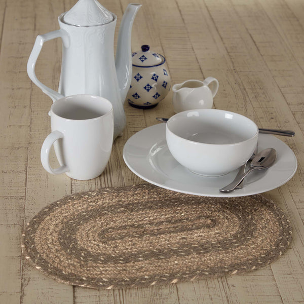 Cobblestone Jute Oval Placemat 10x15  https://allysonsplace.com/products/cobblestone-jute-oval-placemat-10x15  Cobblestone Jute Oval Placemat. This 10x15 inch rustic table placemat khaki, grey taupe, and creme textured jute braids, Material: 100% Jute/Wool Blend Colors: Khaki, Grey Taupe, Creme Care: Spot Clean, Iron Safe Dimensions: 10" x 15". Visit website for FREE s/h & discount offers. Primitive Country Farmhouse.