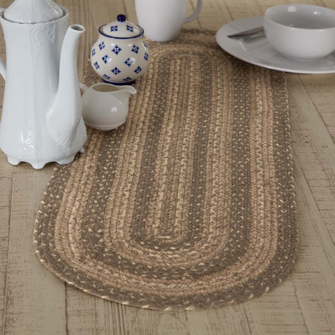 Cobblestone Jute Oval Runner 13x36  https://allysonsplace.com/products/cobblestone-jute-oval-runner-13x36  Oval tablerunner 100% Jute/Wool Blend Colors: Khaki, Grey Taupe, Creme Care: Spot Clean, Iron Safe Dimensions: 13" x 36". Visit website for FREE s/h & discount offers. Primitive Country Farmhouse home Decor.