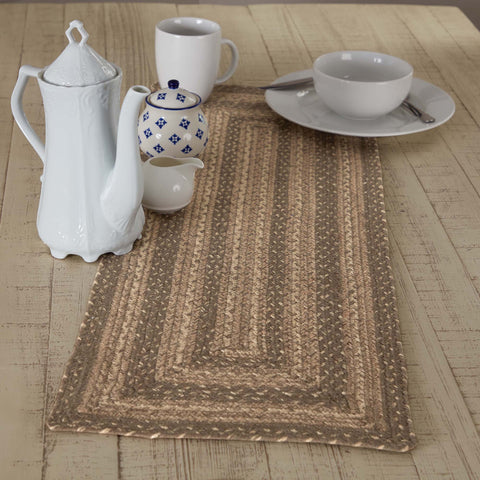 Cobblestone Jute Rect Runner 13x36  https://allysonsplace.com/products/cobblestone-jute-rect-runner-13x36  Cobblestone Jute Rectangle Runner. Braided jute wool blend fabrics in khaki, grey taupe, and creme displayed in concentric rectangles. It's perfect for any time of the year. Visit website for FREE s/h & discount offers.