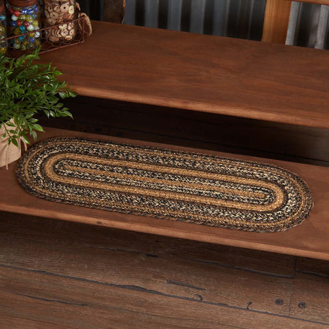 Espresso Jute Stair Tread Oval Latex 8.5x27, Doubling as a table runner, this stair tread makes a great addition to any household, with braids of Chestnut Brown, Country Black, Dark Tan. Visit website for FREE s/h & discount offers. Primitive Country Farmhouse Home Decor.