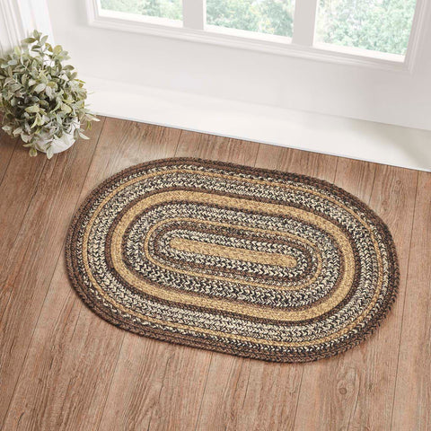 Espresso Jute Rug Oval w/ Pad 20x30, with braids of Chestnut Brown, Country Black, Dark Tan. Visit website for FREE s/h & discount offers. Primitive Country Farmhouse Home Decor.