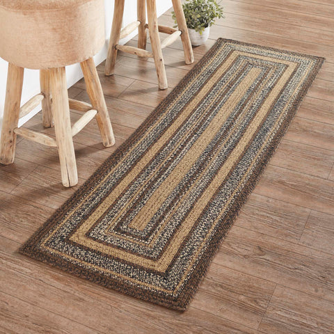 Espresso Jute Rug/Runner Rect w/ Pad 22x72, with braids of Chestnut Brown, Country Black, Dark Tan. Visit website for FREE s/h & discount offers. Primitive Country Farmhouse Home Decor.