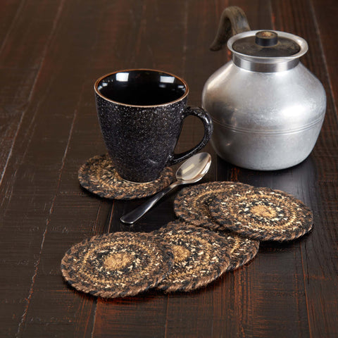 Espresso Jute Round Coasters set of 6 with the woven braided jute wool blend fabrics in chestnut brown, dark tan, and country black and white displayed in concentric circles. Visit website for FREE s/h & discount offers. Primitive Country Farmhouse Home Decor.