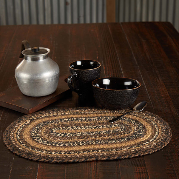 Espresso Jute Oval Placemat with the woven braided jute wool blend fabrics in chestnut brown, dark tan, and country black and white displayed in concentric ovals. Visit website for FREE s/h & discount offers. Primitive Country Farmhouse Home Decor.