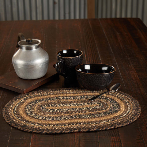 Espresso Jute Oval Placemat with the woven braided jute wool blend fabrics in chestnut brown, dark tan, and country black and white displayed in concentric ovals. Visit website for FREE s/h & discount offers. Primitive Country Farmhouse Home Decor.