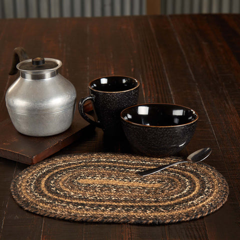Espresso Jute Oval Placemat with the woven braided jute wool blend fabrics in chestnut brown, dark tan, and country black and white displayed in concentric ovals. Visit website for FREE s/h & discount offers. Primitive Country Farmhouse Home Decor.