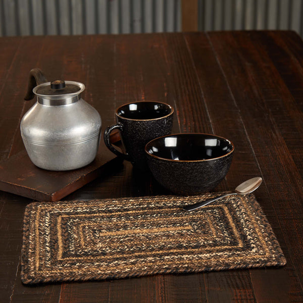Espresso Jute Rectangle Placemat with the woven braided jute wool blend fabrics in chestnut brown, dark tan, and country black and white displayed in concentric rectangles. Visit website for FREE s/h & discount offers. Primitive Country Farmhouse Home Decor.