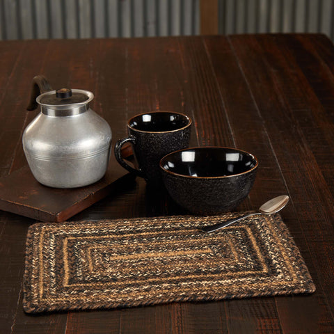 Espresso Jute Rectangle Placemat with the woven braided jute wool blend fabrics in chestnut brown, dark tan, and country black and white displayed in concentric rectangles. Visit website for FREE s/h & discount offers. Primitive Country Farmhouse Home Decor.