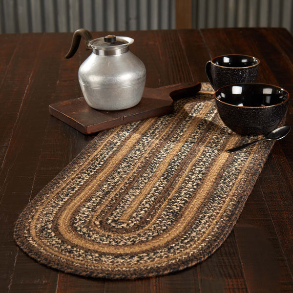 Espresso Jute Oval Runner with the braided jute wool blend fabrics in chestnut brown, dark tan, and country black and white displayed in concentric ovals. Visit website for FREE s/h & discount offers. Primitive Country Farmhouse Home Decor.