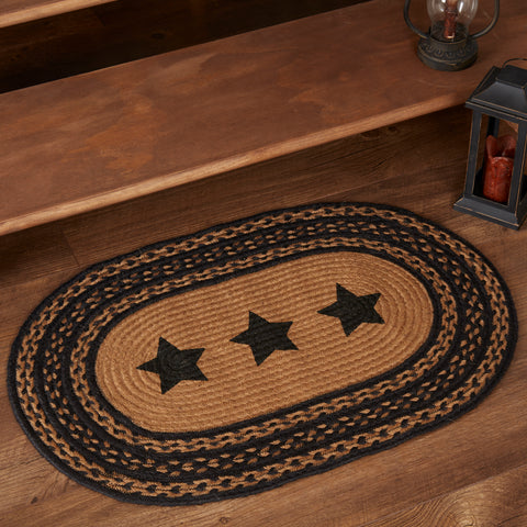 The 20x30 Farmhouse Jute Rug is ready for your home, retreat, or cabin with its durable and beautiful construction. Featuring alternating braids in black and dark tan and central stenciled black 5 point stars. Visit website for FREE s/h & discount offers. Primitive Country Farmhouse Home Decor.