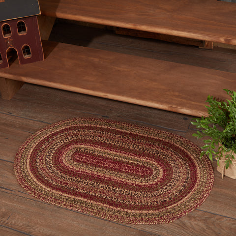 Cider Mill Jute Rug makes a textured primitive addition to your home decor. This 20"x30" rug showcases beautiful concentric braids of natural tan, burgundy, and olive green. Visit website for FREE s/h & discount offers. Primitive Country Farmhouse Home DEcor.