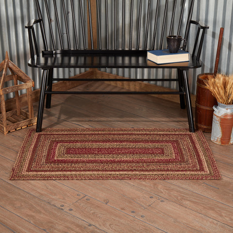 Cider Mill Jute Rug makes a textured primitive addition to your home decor. This 27"x48" rug showcases beautiful concentric braids of natural tan, burgundy, and olive green. Visit website for FREE s/h & discount offers.