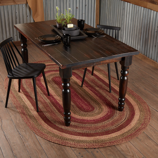 Cider Mill 60"x96" Jute Rug Oval. Featuring concentric, mixed braids of burgundy, tan, and olive green for a classic country, primitive look. Visit website for FREE s/h & discount offers.