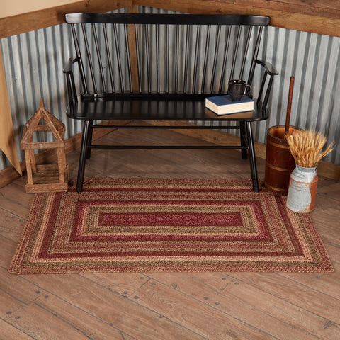 Cider Mill 36"x60" Jute Rug Rectangle. Featuring concentric, mixed braids of burgundy, tan, black, and olive green for a classic country, primitive look. Visit website for FREE s/h & discount offers. Primitive Country Farmhouse Home DEcor.