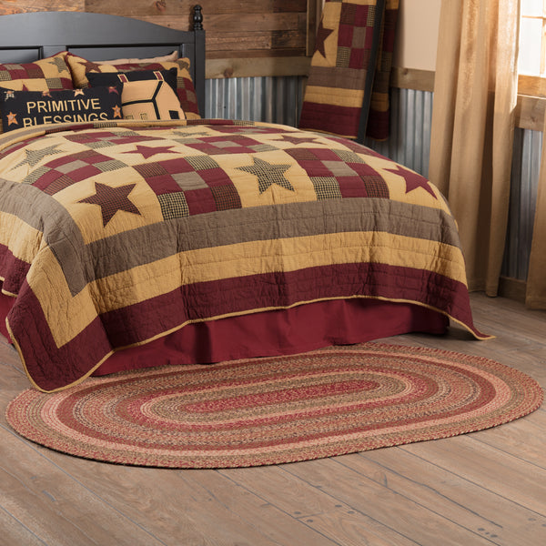 Cider Mill Jute Rug Oval. Featuring concentric, mixed braids of burgundy, tan, black, and olive green for a classic country, primitive look. Visit website for FREE s/h & discount offers.