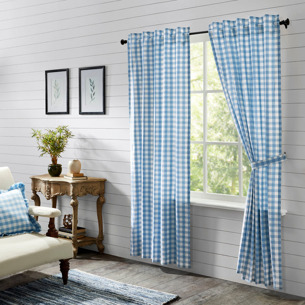 Material: 100% Cotton Face, Cotton Lining. Colors: Dusk Blue, Soft White. Hanging Method: 3.25" Rod Pocket plus Hanging Loops. Care: Machine Wash, Tumble Dry Low, Iron Safe. Dimensions: 2 x Panel - 84" x 40" Visit website for FREE s/h & discount offers. Primitive Country Farmhouse.