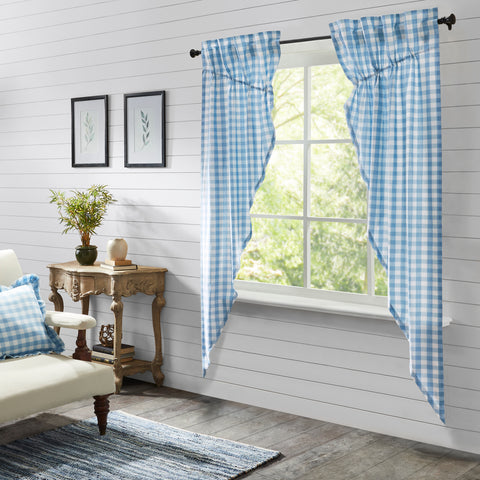 Material: 100% Cotton Face, Cotton Lining. Colors: Dusk Blue, Soft White. Hanging Method: 3.25" Rod Pocket plus Hanging Loops. Care: Machine Wash, Tumble Dry Low, Iron Safe. Dimensions: 2 x Prairie Panel - 84" x 36" Visit website for FREE s/h & discount offers. Primitive Country Farmhouse.